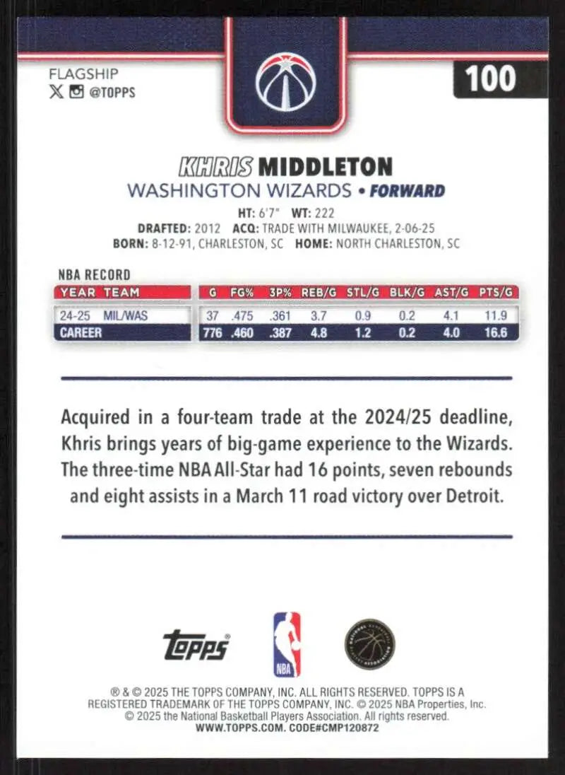 2025-26 Topps #100 Khris Middleton NM-MT Wizards ID:80805 - Basketball Card Single