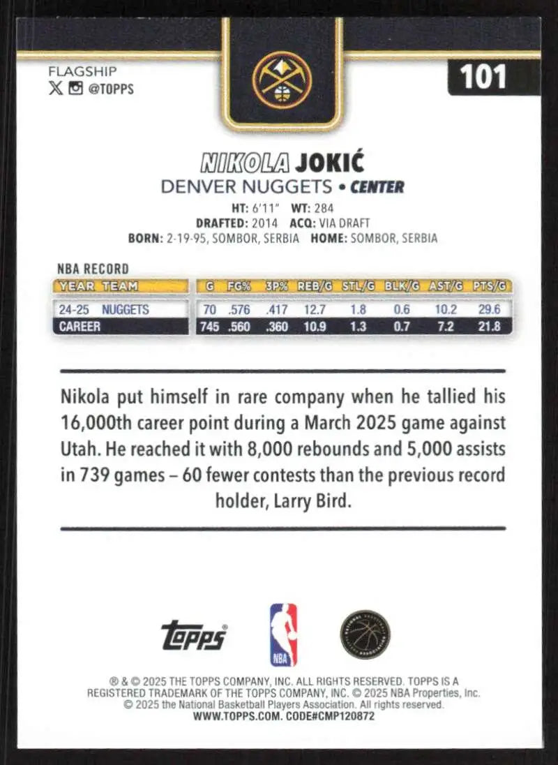 2025-26 Topps #101 Nikola Jokic NM-MT Denver Nuggets Basketball Card - Basketball Card Single