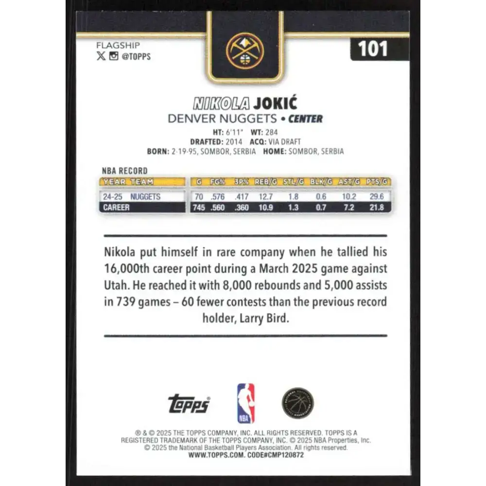 2025-26 Topps #101 Nikola Jokic NM-MT Denver Nuggets Basketball Card - Basketball Card Single