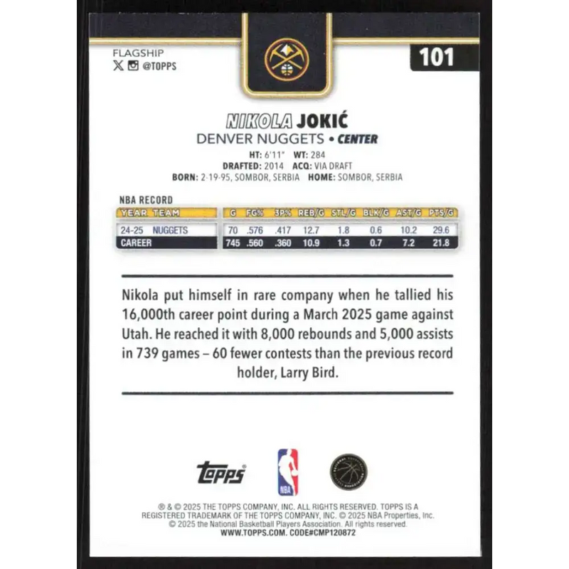 2025-26 Topps #101 Nikola Jokic NM-MT Denver Nuggets Basketball Card - Basketball Card Single