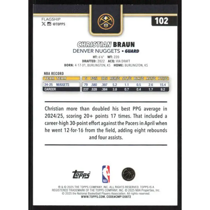 2025-26 Topps #102 Christian Braun NM-MT Denver Nuggets Basketball Card - Basketball Card Single