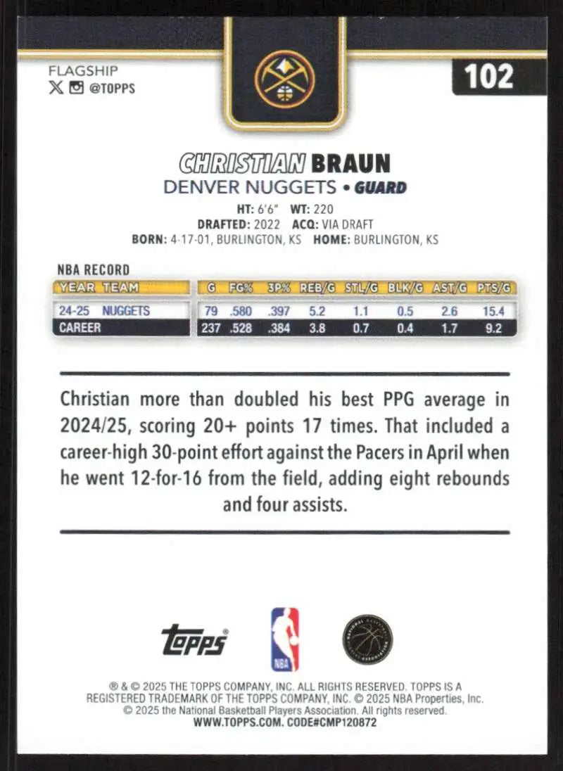 2025-26 Topps #102 Christian Braun NM-MT Denver Nuggets Basketball Card - Basketball Card Single