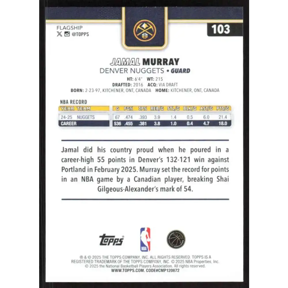 2025-26 Topps #103 Jamal Murray NM-MT Denver Nuggets Basketball Card - Basketball Card Single