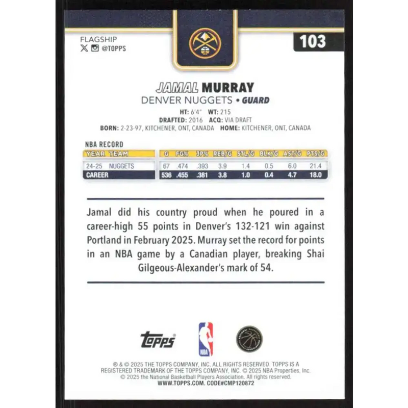 2025-26 Topps #103 Jamal Murray NM-MT Denver Nuggets Basketball Card - Basketball Card Single