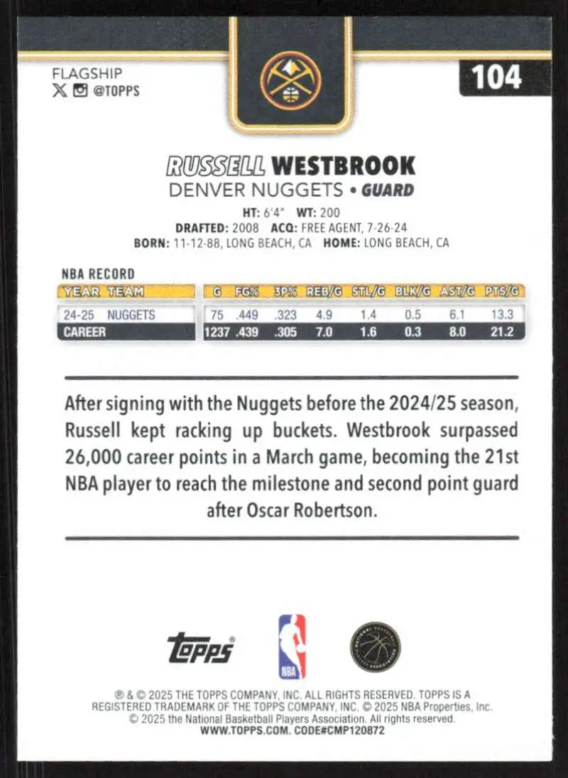 2025-26 Topps #104 Russell Westbrook NM-MT Denver Nuggets Basketball Card - Basketball Card Single