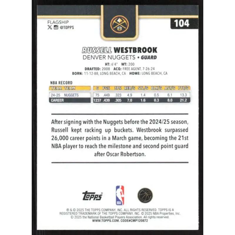 2025-26 Topps #104 Russell Westbrook NM-MT Denver Nuggets Basketball Card - Basketball Card Single