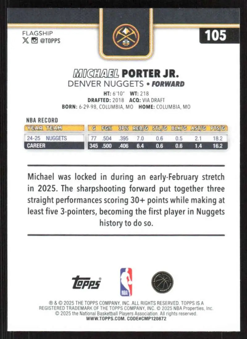 2025-26 Topps #105 Michael Porter Jr. NM-MT Denver Nuggets Basketball Card - Basketball Card Single