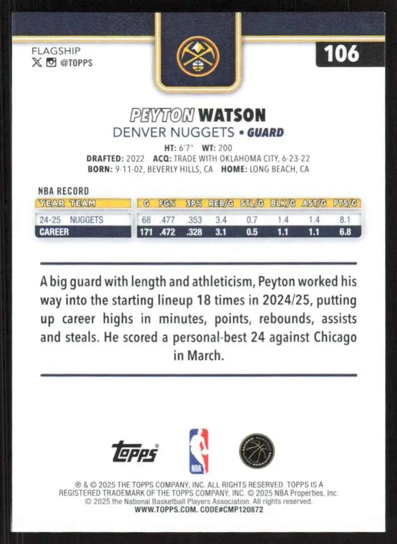 2025-26 Topps #106 Peyton Watson NM-MT Denver Nuggets Basketball Card - Basketball Card Single