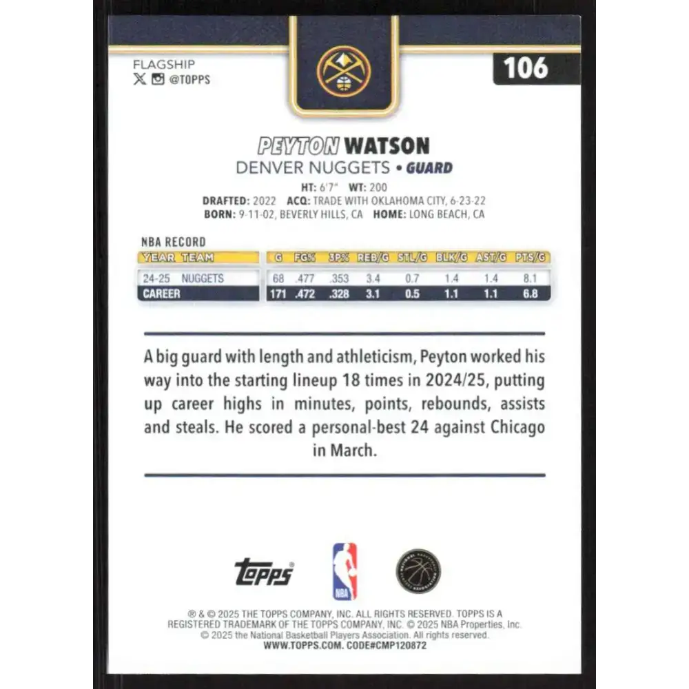 2025-26 Topps #106 Peyton Watson NM-MT Denver Nuggets Basketball Card - Basketball Card Single