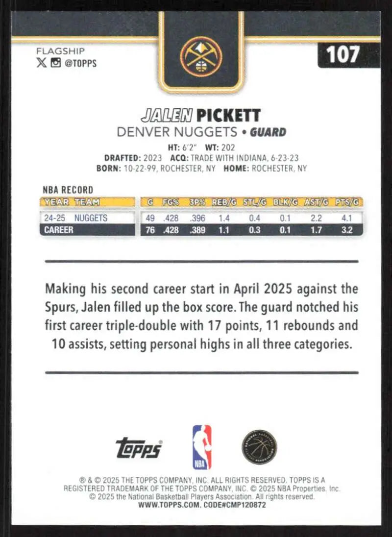 2025-26 Topps #107 Jalen Pickett NM-MT Denver Nuggets Basketball Card - Basketball Card Single
