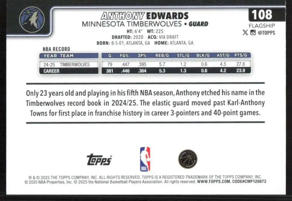2025-26 Topps #108 Anthony Edwards NM-MT Minnesota Timberwolves Basketball Card - Basketball Card Single