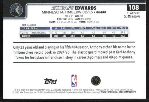 2025-26 Topps #108 Anthony Edwards NM-MT Timberwolves ID:80808 - Basketball Card Single