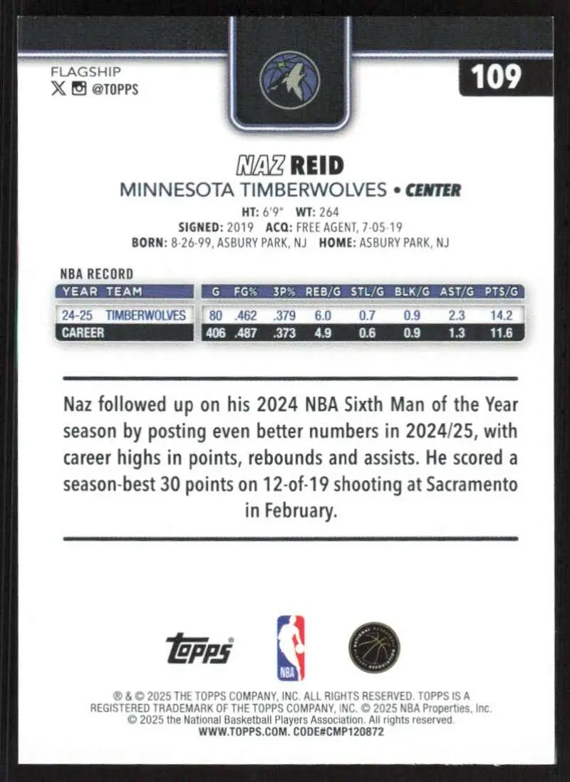 2025-26 Topps #109 Naz Reid NM-MT Minnesota Timberwolves Basketball Card - Basketball Card Single