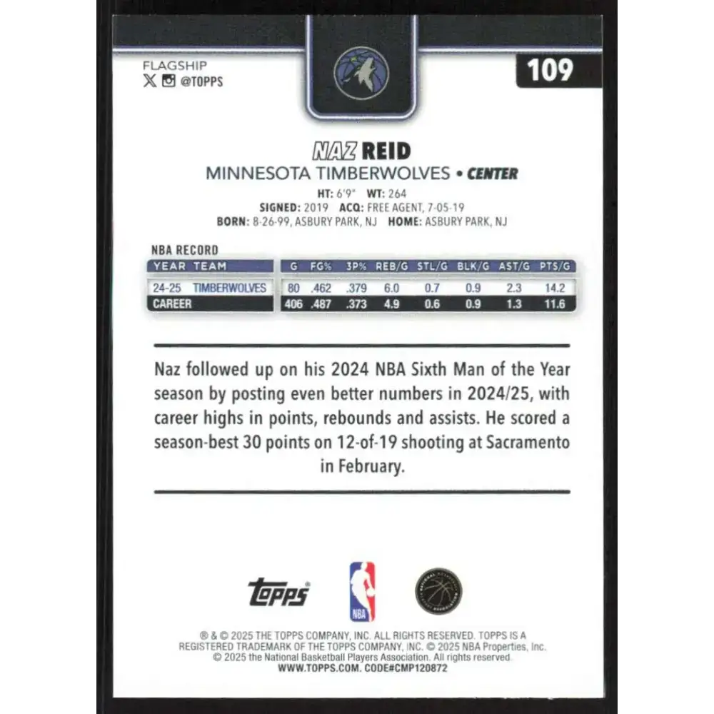 2025-26 Topps #109 Naz Reid NM-MT Minnesota Timberwolves Basketball Card