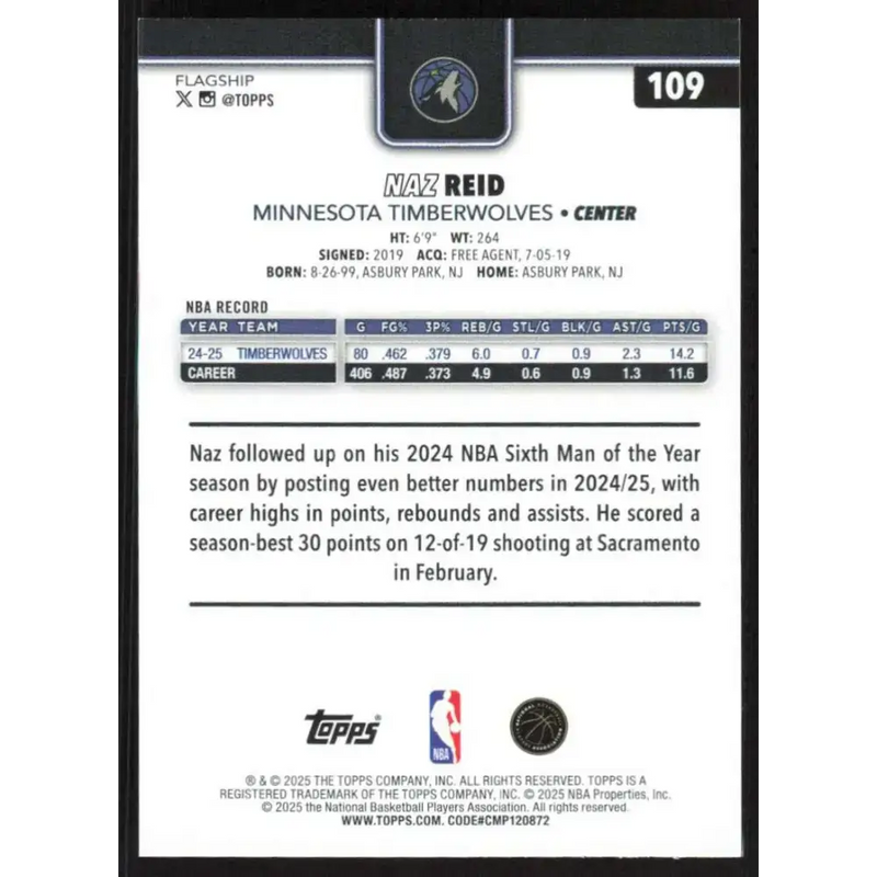 2025-26 Topps #109 Naz Reid NM-MT Minnesota Timberwolves Basketball Card