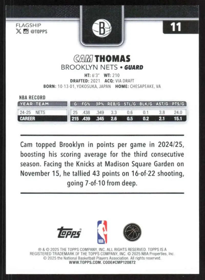 2025-26 Topps #11 Cam Thomas NM-MT Brooklyn Nets Basketball Card - Basketball Card Single