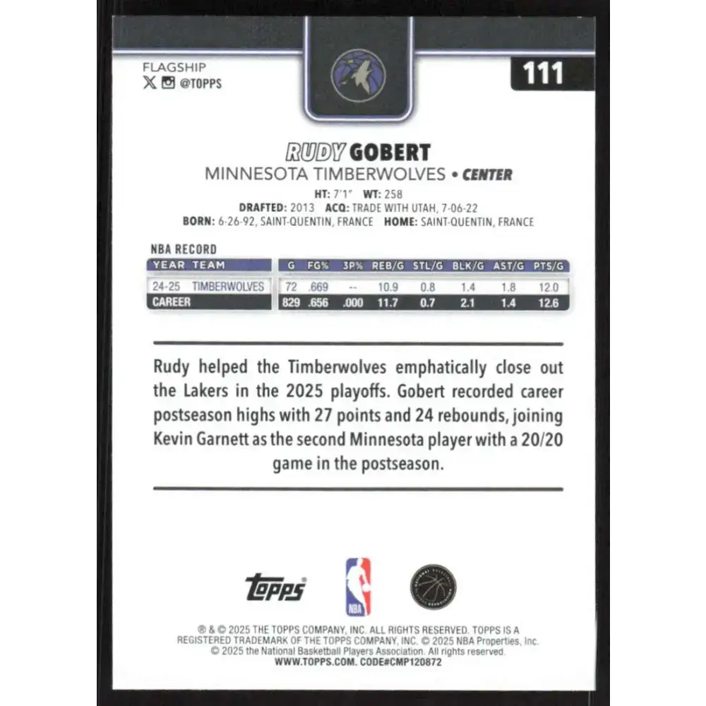 2025-26 Topps #111 Rudy Gobert NM-MT Minnesota Timberwolves Basketball Card - Basketball Card Single