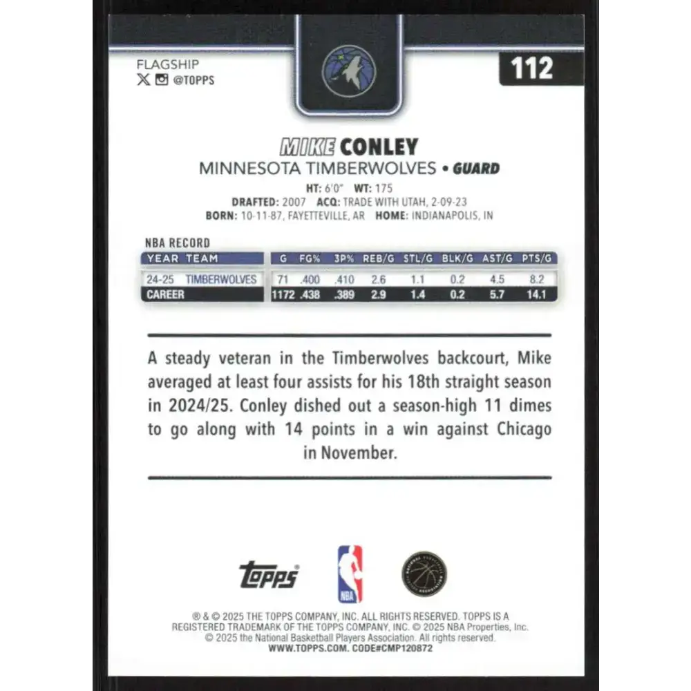 2025-26 Topps #112 Mike Conley NM-MT Minnesota Timberwolves Basketball Card - Basketball Card Single
