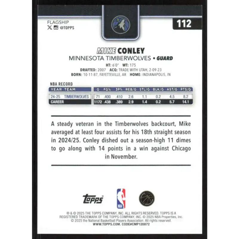 2025-26 Topps #112 Mike Conley NM-MT Minnesota Timberwolves Basketball Card - Basketball Card Single