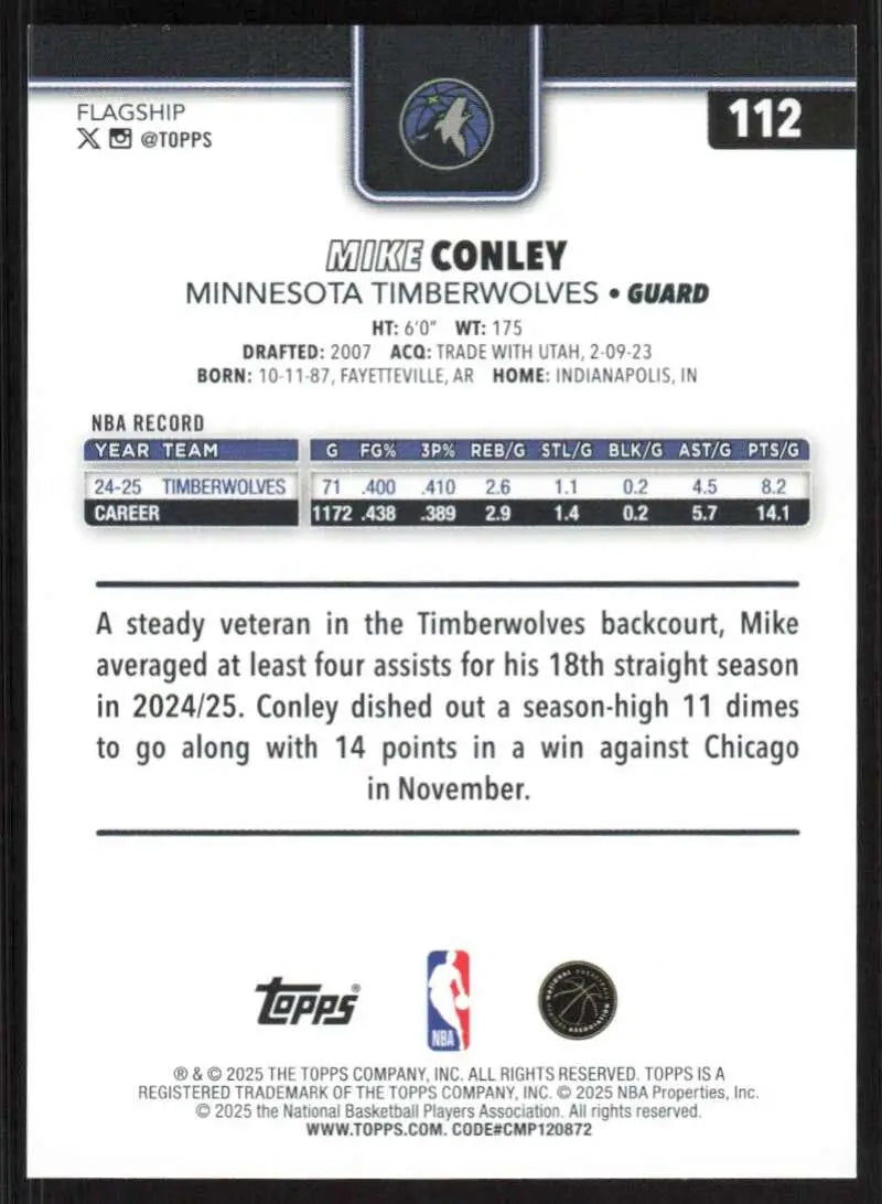 2025-26 Topps #112 Mike Conley NM-MT Minnesota Timberwolves Basketball Card - Basketball Card Single
