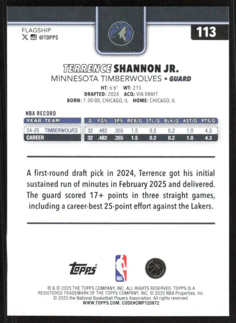 2025-26 Topps #113 Terrence Shannon Jr. NM-MT Minnesota Timberwolves Basketball Card - Basketball Card Single