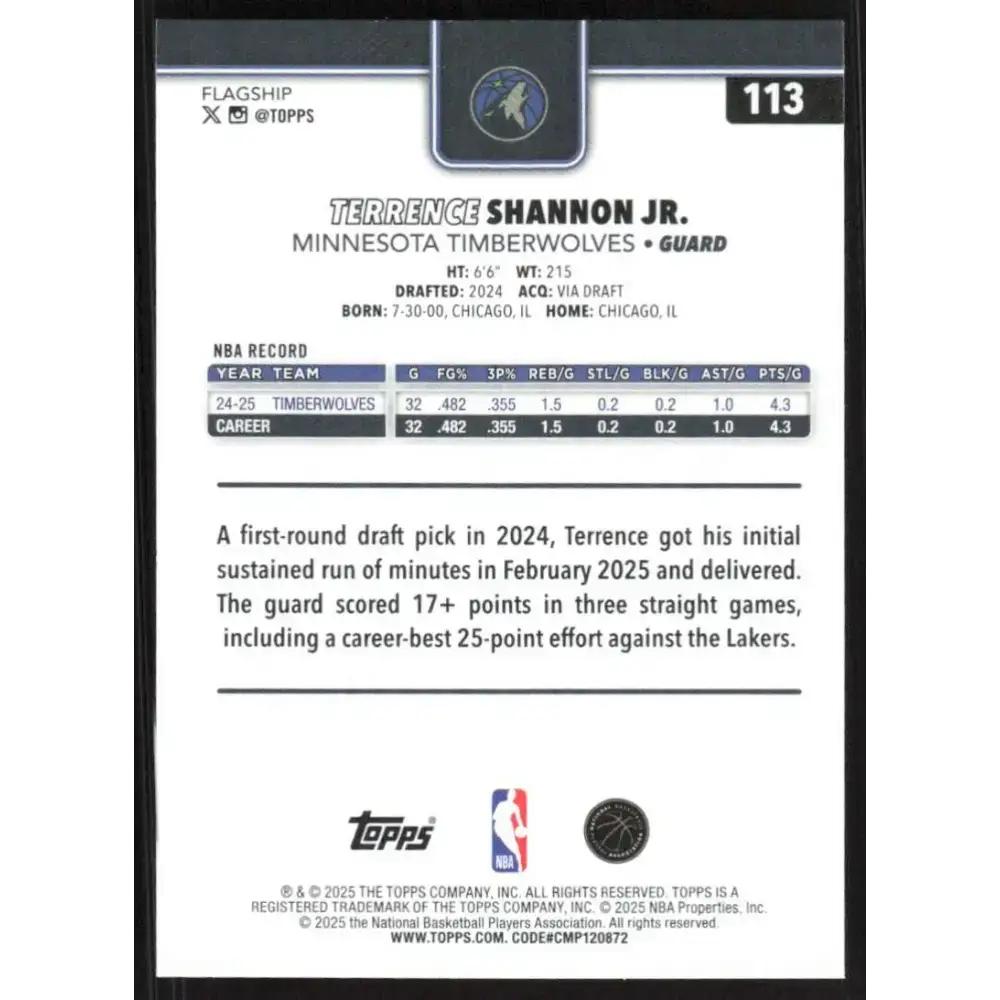 2025-26 Topps #113 Terrence Shannon Jr. NM-MT Minnesota Timberwolves Basketball Card - Basketball Card Single