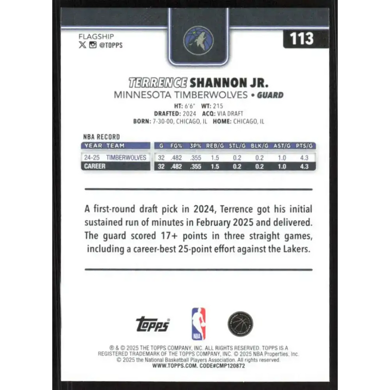 2025-26 Topps #113 Terrence Shannon Jr. NM-MT Minnesota Timberwolves Basketball Card - Basketball Card Single