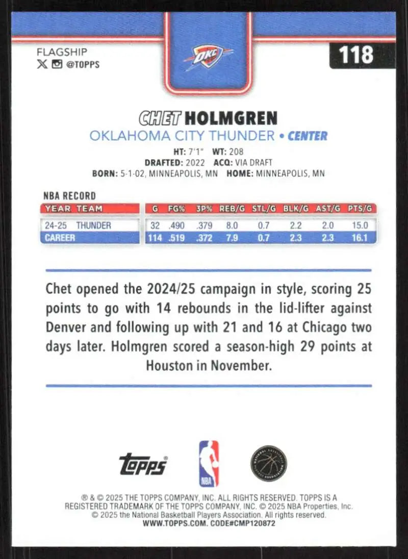 2025-26 Topps #118 Chet Holmgren NM-MT Oklahoma City Thunder Basketball Card - Basketball Card Single