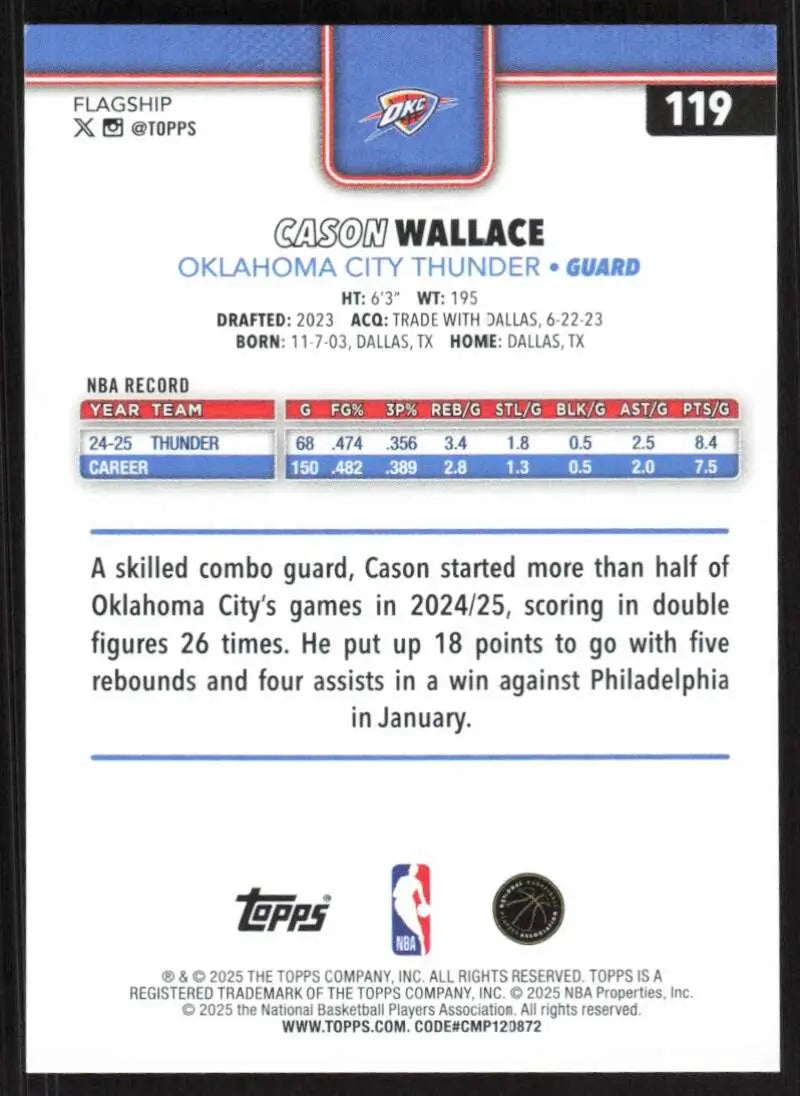 2025-26 Topps #119 Cason Wallace NM-MT Oklahoma City Thunder Basketball Card - Basketball Card Single
