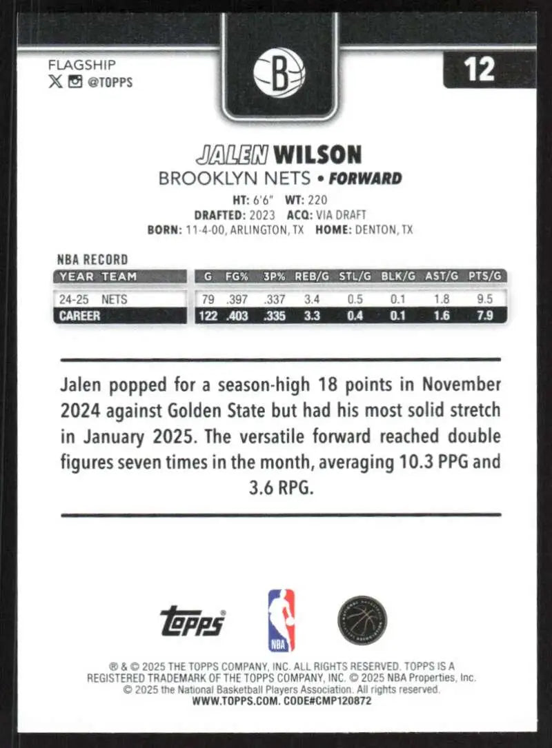 2025-26 Topps #12 Jalen Wilson NM-MT Brooklyn Nets Basketball Card - Basketball Card Single