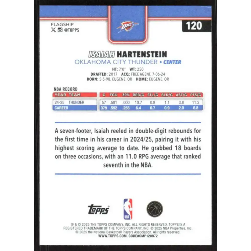 2025-26 Topps #120 Isaiah Hartenstein NM-MT Oklahoma City Thunder Basketball Card - Basketball Card Single