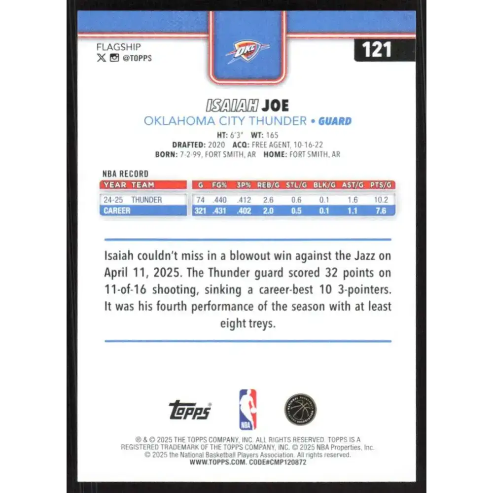 2025-26 Topps #121 Isaiah Joe NM-MT Oklahoma City Thunder Basketball Card - Basketball Card Single