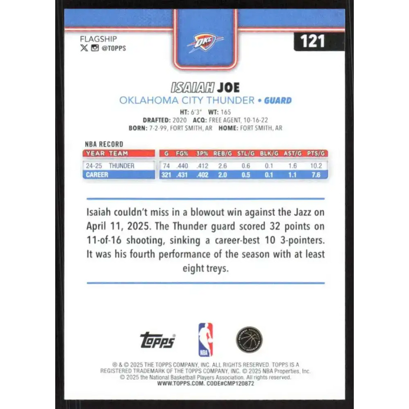 2025-26 Topps #121 Isaiah Joe NM-MT Oklahoma City Thunder Basketball Card - Basketball Card Single