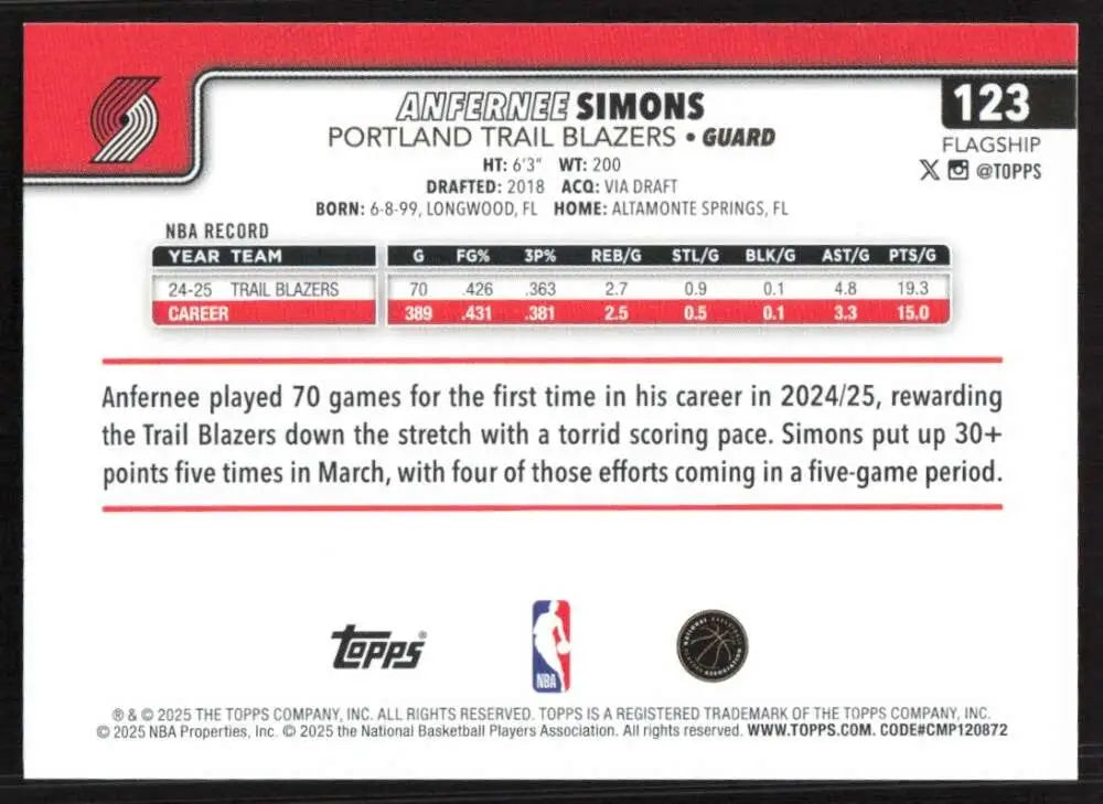 2025-26 Topps #123 Anfernee Simons NM-MT Portland Trail Blazers Basketball Card - Basketball Card Single