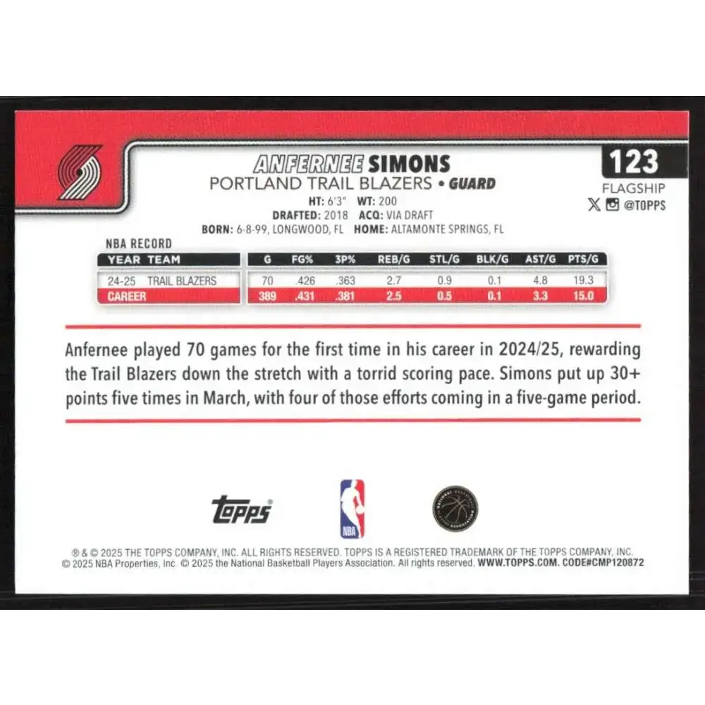 2025-26 Topps #123 Anfernee Simons NM-MT Portland Trail Blazers Basketball Card - Basketball Card Single
