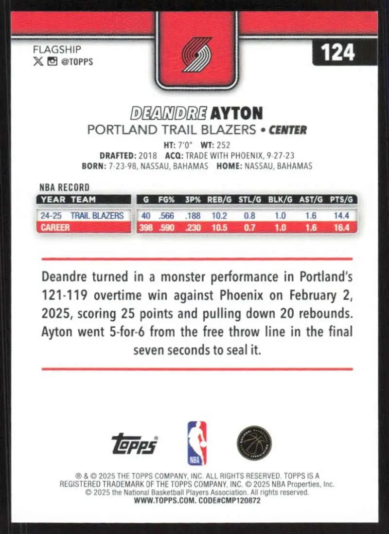2025-26 Topps #124 Deandre Ayton NM-MT Portland Trail Blazers Basketball Card - Basketball Card Single