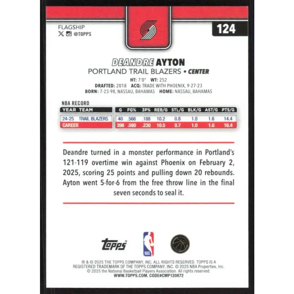 2025-26 Topps #124 Deandre Ayton NM-MT Portland Trail Blazers Basketball Card - Basketball Card Single