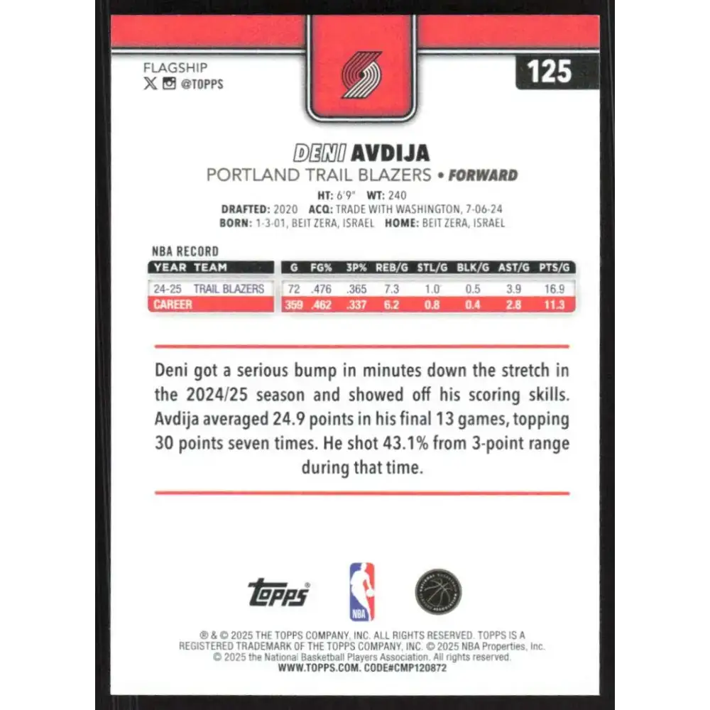 2025-26 Topps #125 Deni Avdija NM-MT Portland Trail Blazers Basketball Card - Basketball Card Single