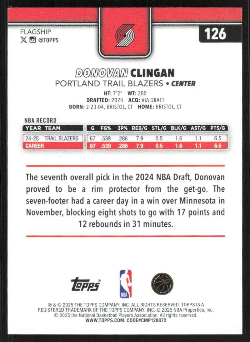 2025-26 Topps #126 Donovan Clingan NM-MT Portland Trail Blazers Basketball Card - Basketball Card Single