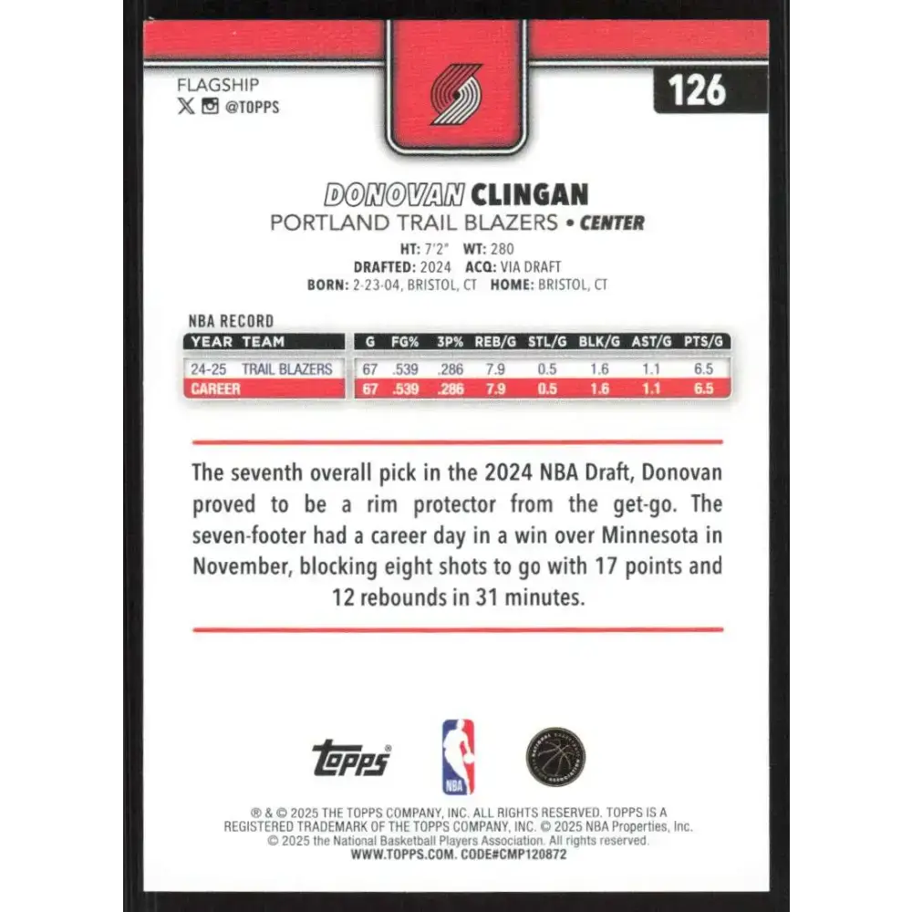 2025-26 Topps #126 Donovan Clingan NM-MT Portland Trail Blazers Basketball Card - Basketball Card Single
