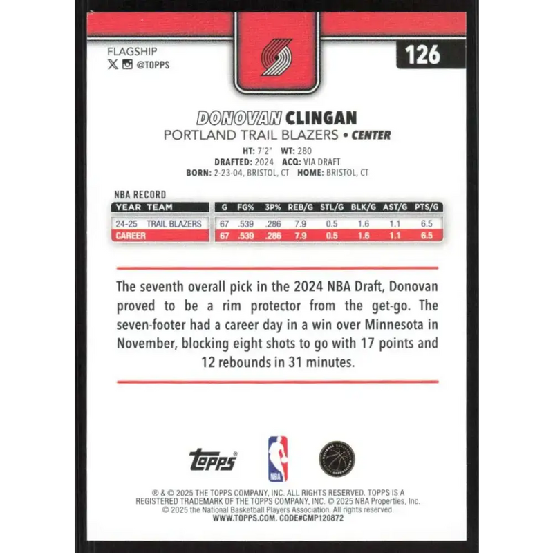 2025-26 Topps #126 Donovan Clingan NM-MT Portland Trail Blazers Basketball Card - Basketball Card Single
