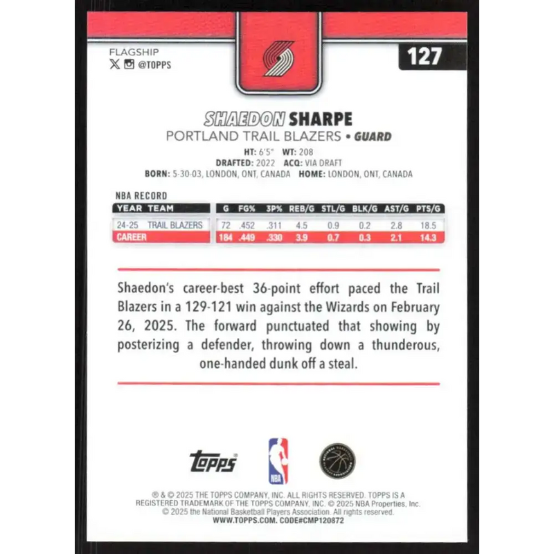 2025-26 Topps #127 Shaedon Sharpe NM-MT Portland Trail Blazers Basketball Card - Basketball Card Single