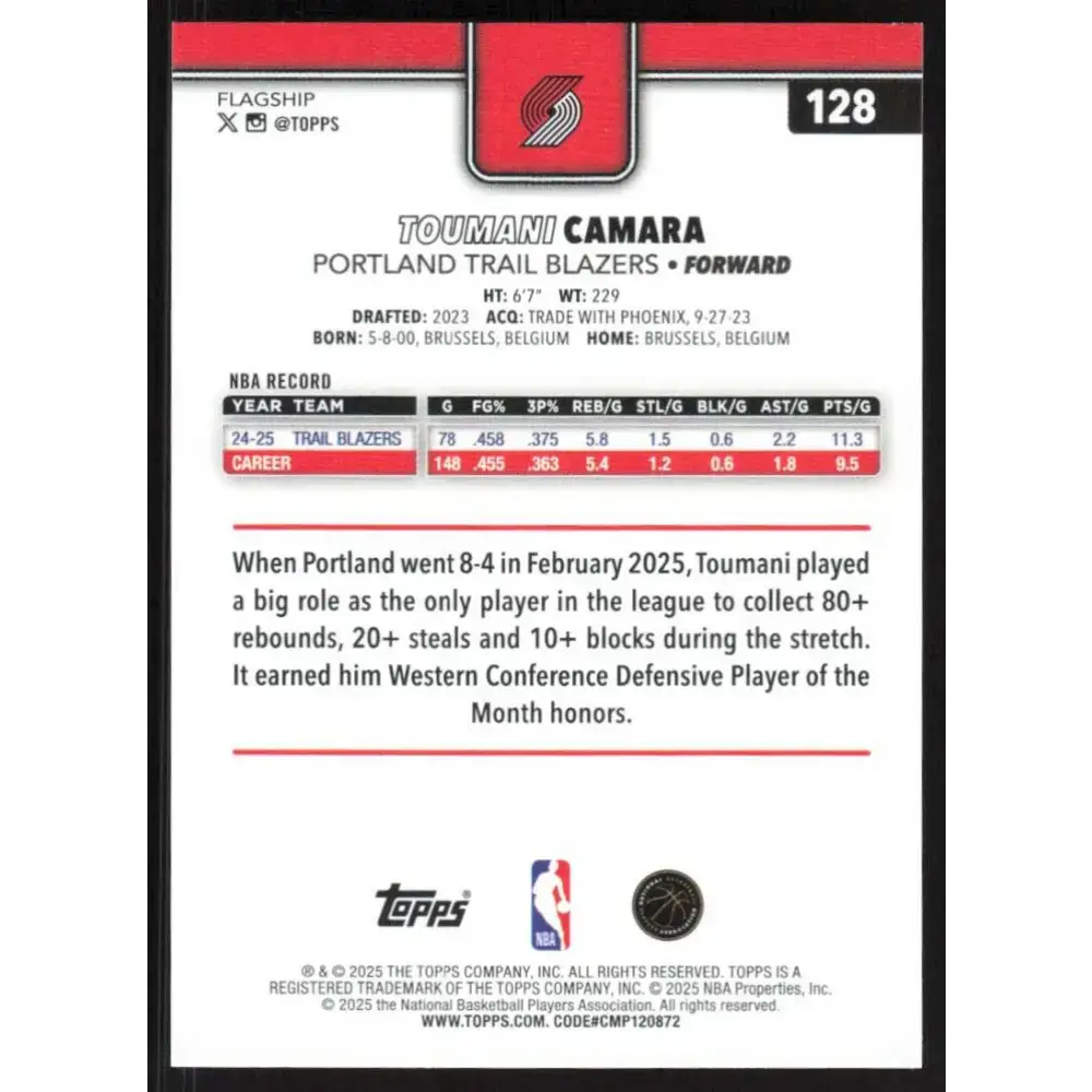 2025-26 Topps #128 Toumani Camara NM-MT Portland Trail Blazers Basketball Card - Basketball Card Single