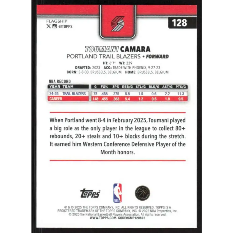 2025-26 Topps #128 Toumani Camara NM-MT Portland Trail Blazers Basketball Card - Basketball Card Single