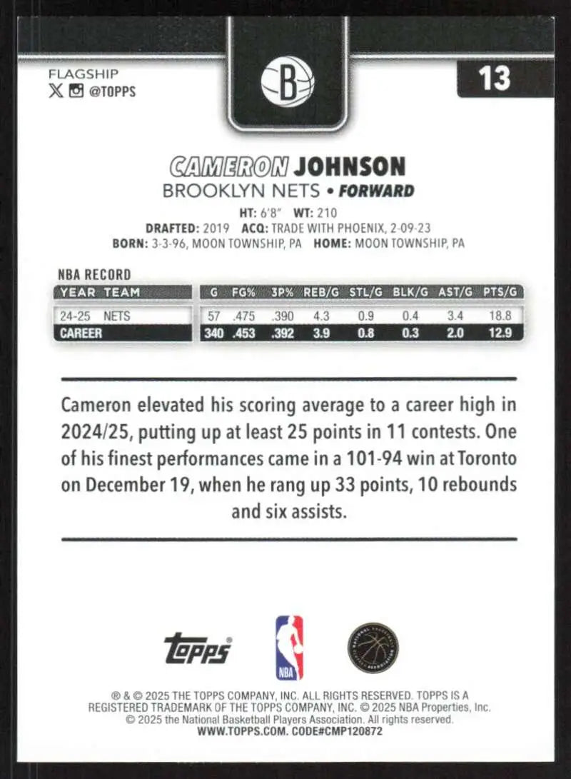 2025-26 Topps #13 Cameron Johnson NM-MT Brooklyn Nets Basketball Card - Basketball Card Single