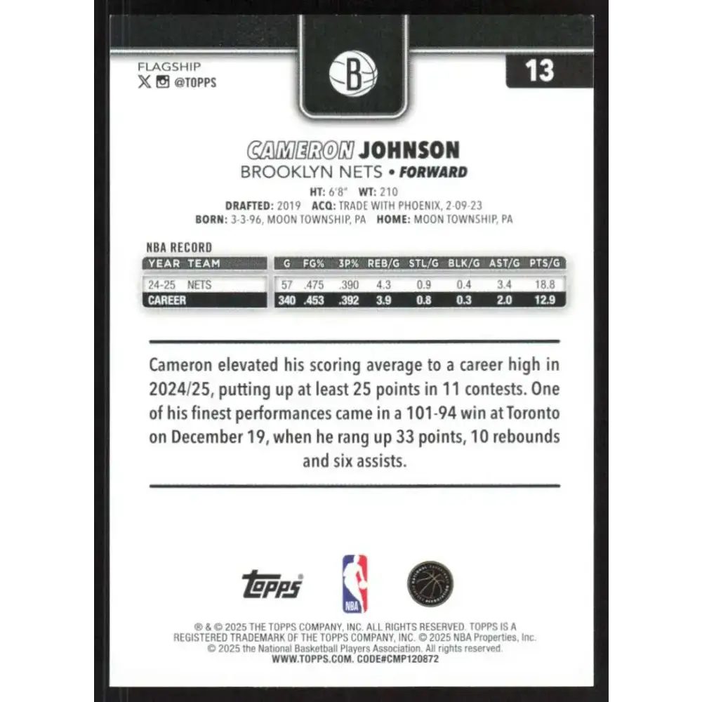 2025-26 Topps #13 Cameron Johnson NM-MT Brooklyn Nets Basketball Card - Basketball Card Single