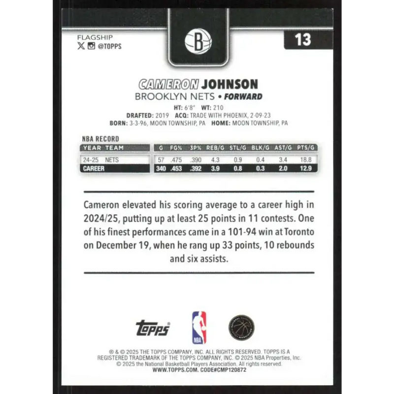 2025-26 Topps #13 Cameron Johnson NM-MT Brooklyn Nets Basketball Card - Basketball Card Single