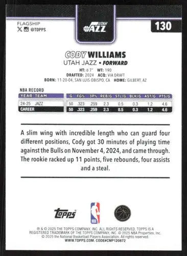 2025-26 Topps #130 Cody Williams NM-MT Jazz ID:80813 - Basketball Card Single