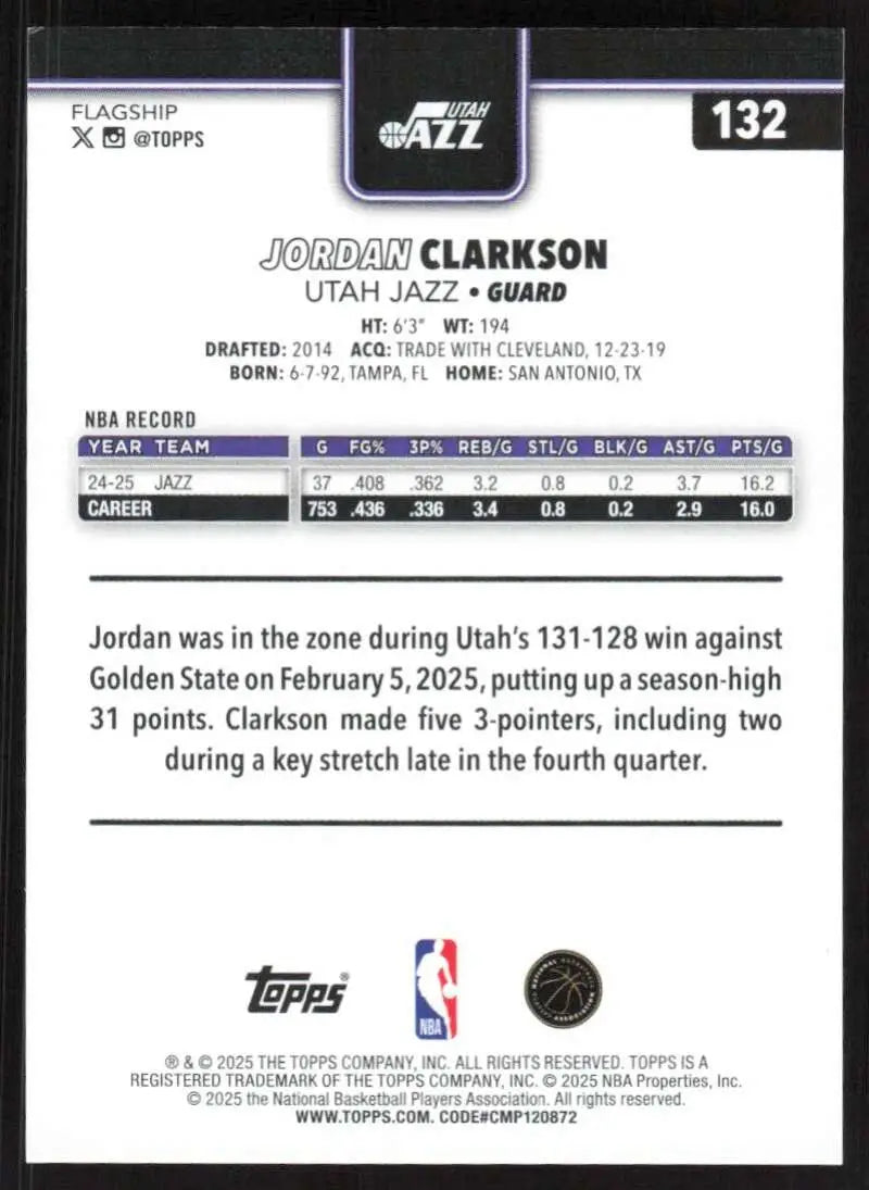 2025-26 Topps #132 Jordan Clarkson NM-MT Utah Jazz Basketball Card - Basketball Card Single