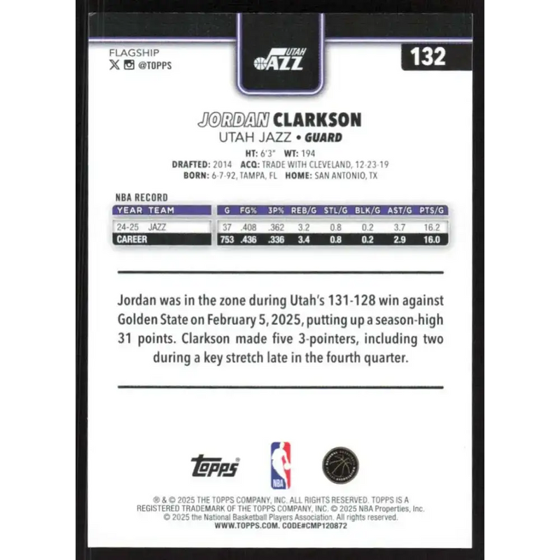 2025-26 Topps #132 Jordan Clarkson NM-MT Utah Jazz Basketball Card - Basketball Card Single